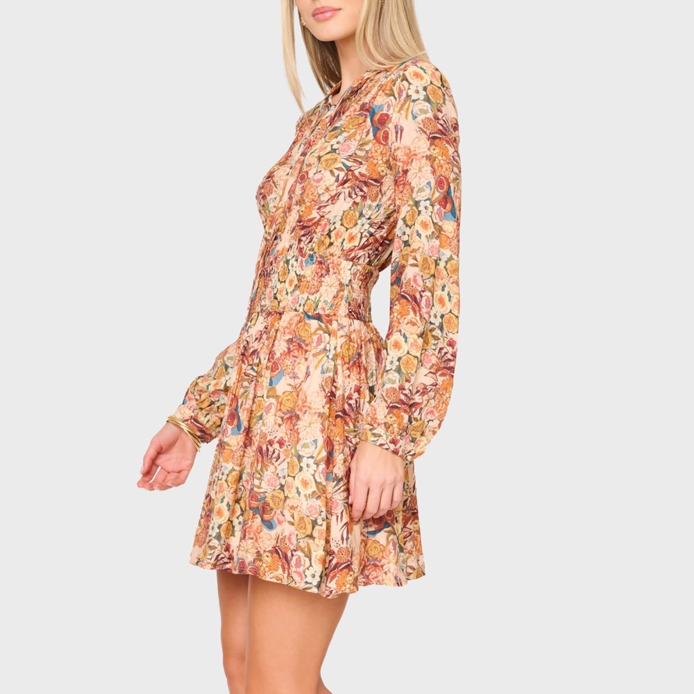 En Saison Floral Long Sleeve Mini Dress in Peach and Multicolor